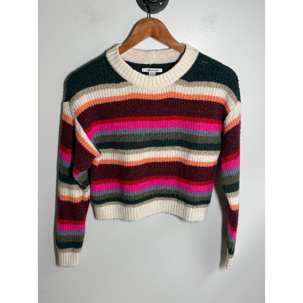 American Eagle Womens XS Cropped Striped Crewneck Sweater Multi-Color Knit